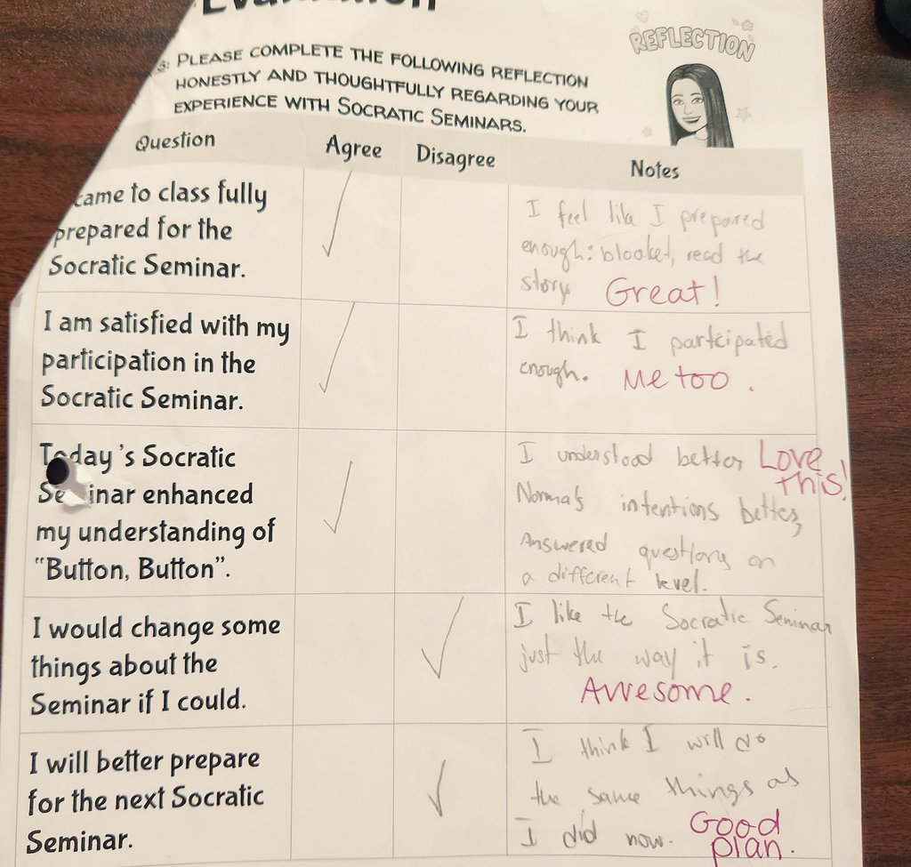 Thank you to <a href="/SFMSLions/">South Fayette Middle School</a> Mrs.Donovan for facilitating our first Socratic seminar!
Critical thinking  ✅️ 
Inquiry ✅️ 
Thoughtful dialogue ✅️ 
Examining our own incomplete beliefs ✅️ 
Self-reflection ✅️ 
<a href="/MrsHoffman7/">Angela Hoffman</a>
<a href="/Brenna_Sisinni/">Brenna Sisinni</a>