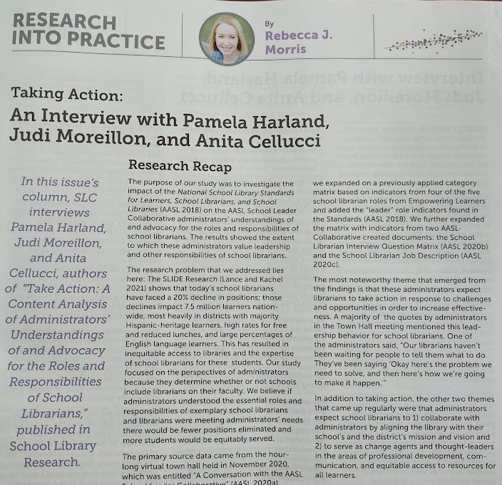 Thank you <a href="/rebeccajm87/">Rebecca Morris</a> and @SLC_Online for publishing our interview in the October issue.  @pamlibrarian <a href="/anitacellucci/">Anita Cellucci</a>  and I are grateful for the opportunity to share our Taking Action research. #schoollibrarians please make time to read it! #SchoolLibrarianLeadership #aasl