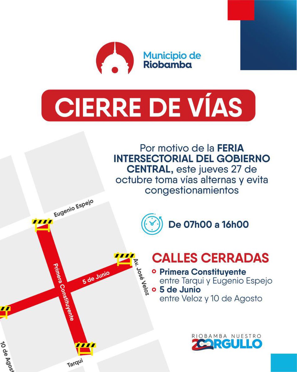Por motivo de la Feria Intersectorial del Gobierno Central, este #27Oct toma vías alternas, evita accidentes y congestionamiento, en el horario de 07H00 a 16H00.

Calles cerradas:
Primera Constituyente entre Tarqui y Eugenio Espejo

5 de Junio entre Veloz y 10 de Agosto
