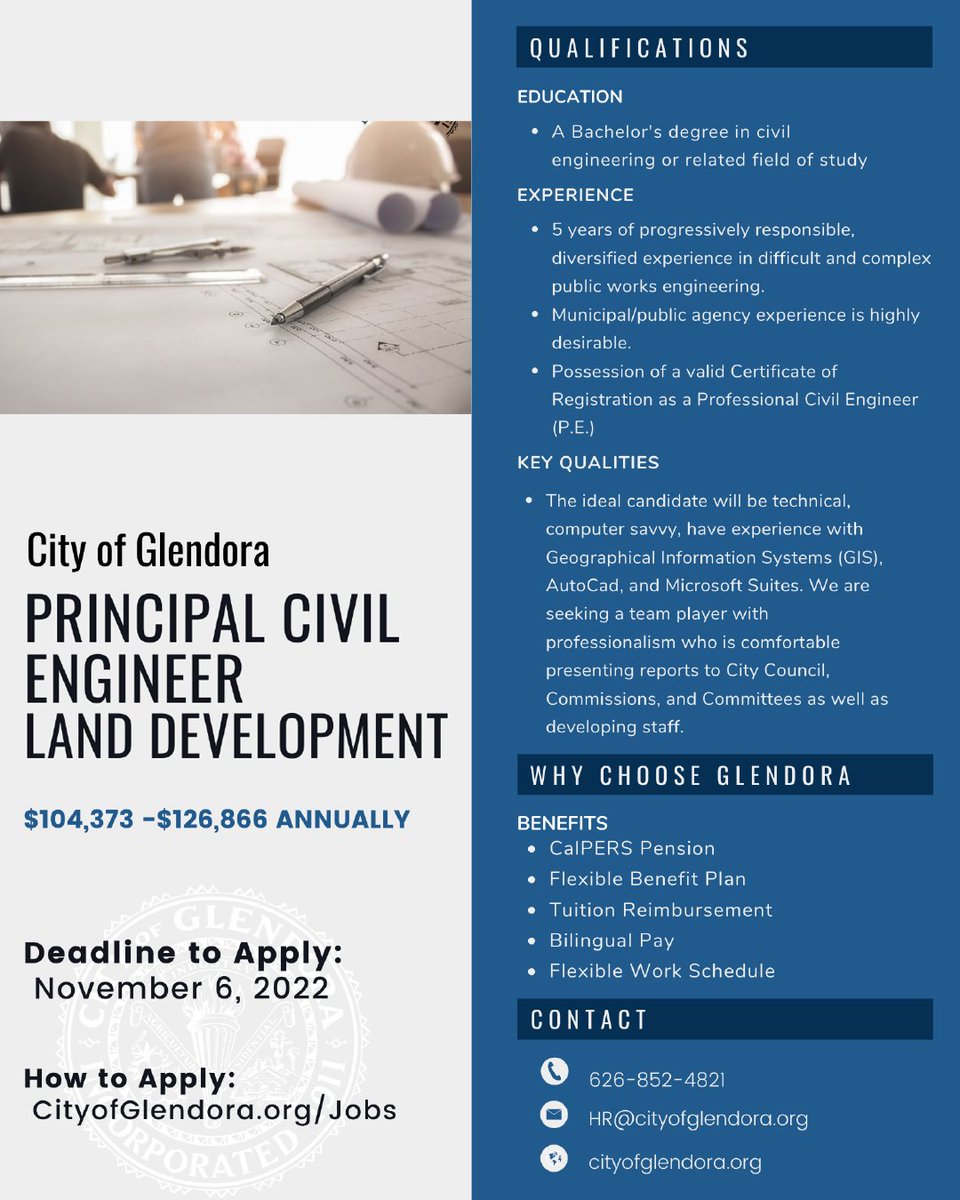 CityofGlendora's tweet photo. NOW HIRING! The City of Glendora
is currently hiring for multiple positions. Interested in advancing your career or working closer to
home? Check out these jobs or visit https://t.co/cyzDg7TR1t.
#nowhiring
#glendorajobs
#jobposting
#Localgov
#joinourteam https://t.co/Mb1pEzkzac