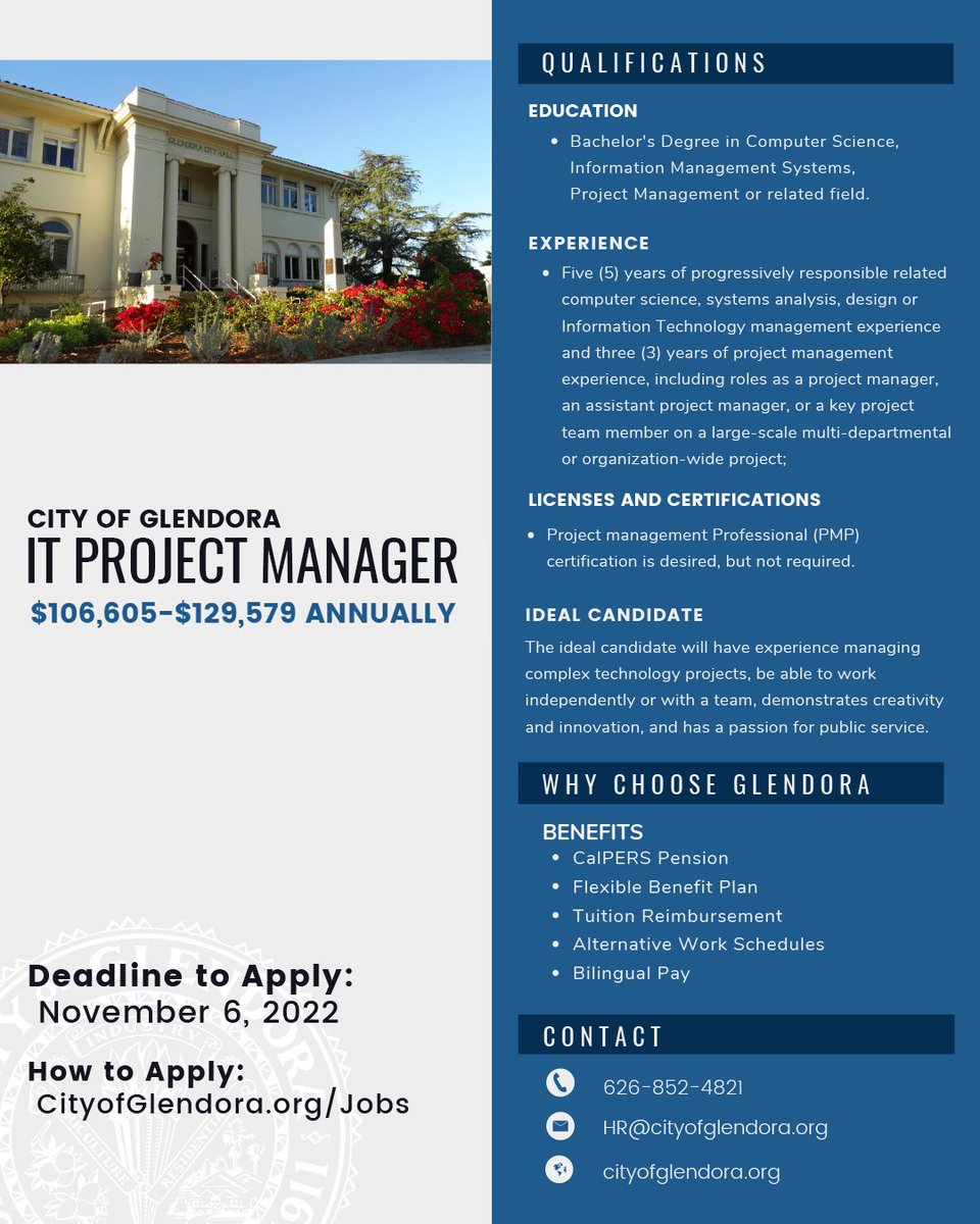 CityofGlendora's tweet photo. NOW HIRING! The City of Glendora
is currently hiring for multiple positions. Interested in advancing your career or working closer to
home? Check out these jobs or visit https://t.co/cyzDg7TR1t.
#nowhiring
#glendorajobs
#jobposting
#Localgov
#joinourteam https://t.co/Mb1pEzkzac