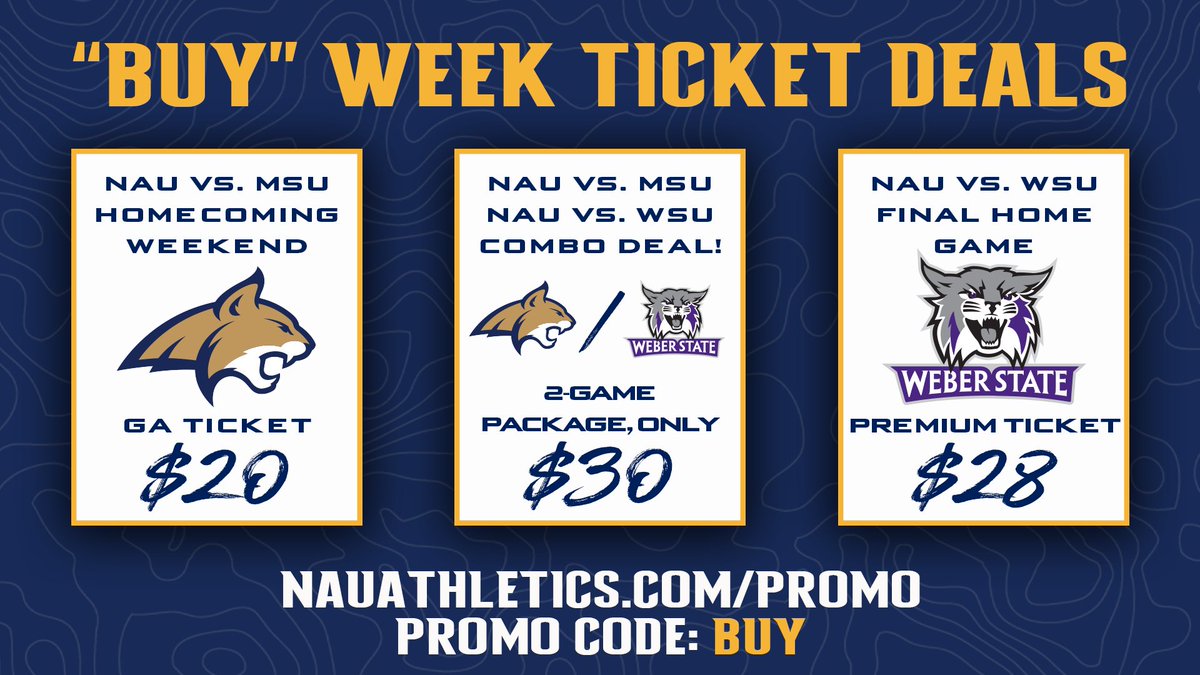 Happy "Buy" Week! Missing <a href="/NAU_Football/">NAU Football</a> today? Don't worry, we've got you covered!

Take advantage of these great deals while they still last. Let's pack the Skydome for the final two home games! #GoJacks

🔗nauathletics.com/promo
Promo Code: BUY