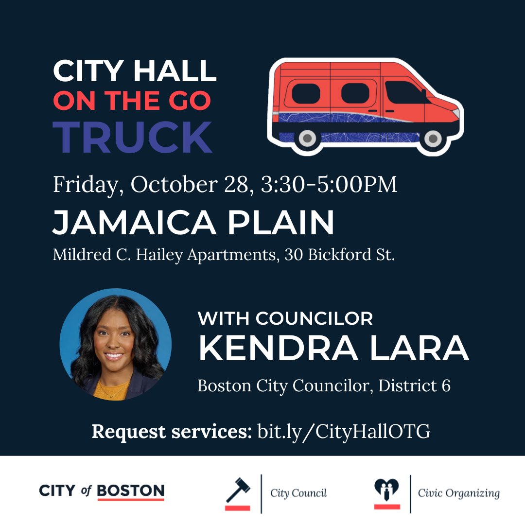 Hey #JamaicaPlain! 👋 City Hall is coming to YOU with Councilor @CllrKendraLara 🙌 Join us on FRIDAY, 10/28 at the Mildred Hailey Apartments from 3:30-5:00pm to access city services, locate resources, and ask any questions! bit.ly/CityHallOTG