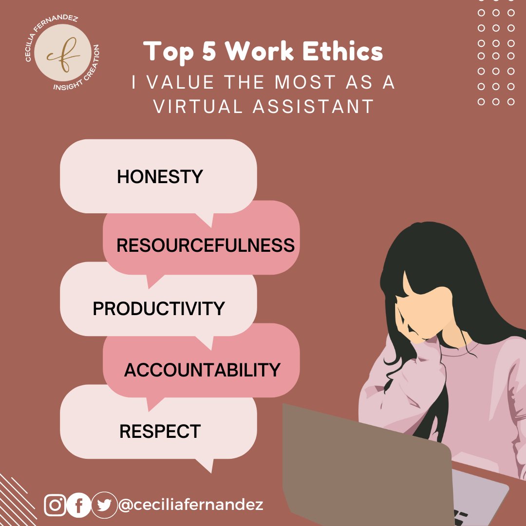 CecillFernandez's tweet image. Work ethic is the foundation of success, and are also integral to virtual assistance. Ethical business practices, enable successful functioning of the business in the long term.💼👍

#DependableVirtualAssistant
#VAWorkEthics
#VAValues
#DICTdigitaljobsph