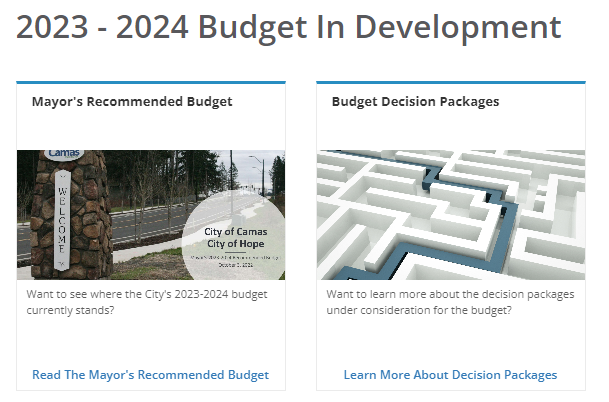 We're still discussing the Camas budget, and you can view the Mayor's recommended budget @ cityofcamas.us/finance/page/m… 
And visit finance.cityofcamas.us/#!/dashboard to view the budget decision packages.
Finally, join us Nov. 2 at 5 p.m., at the Camas Public Library for a budget open house!