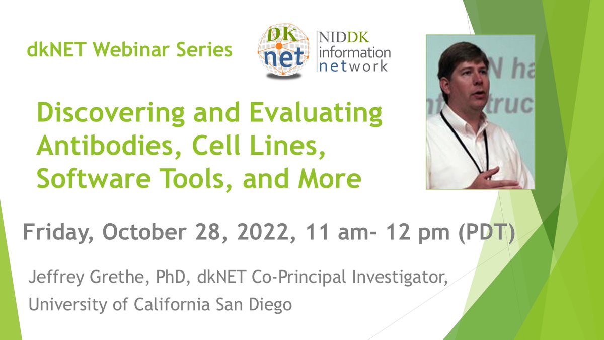 dkNET_Info's tweet photo. Join *LIVE #dkNET Webinar* on Friday, October 28, 2022, 11 am - 12 pm PT, presented by Dr. Jeffrey Grethe, to learn about discovering and evaluating antibodies, cell lines, software tools, and more!
https://t.co/vU5hq3FkmD
#RRID #Reproducibility #ResourceReports https://t.co/AmDWSDMrMT
