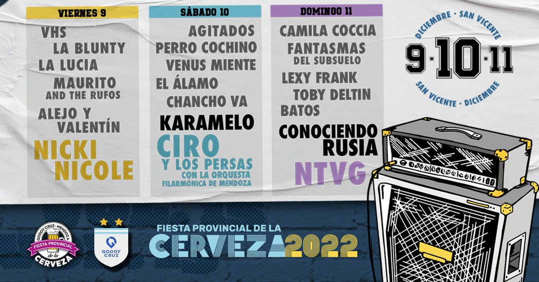 FiestaCervezaGC's tweet photo. Notición: tenemos grilla!! 🍻👏🏻

📅 9, 10 y 11 de diciembre
📍 Parque San Vicente
🗞️: https://t.co/mzGntV76e0

#FiestaCervezaGC #godoycruz https://t.co/ZlcLDZQ1bk