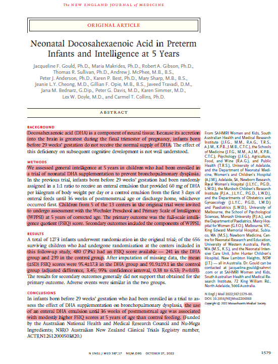 NanciGuestRDPhD's tweet image. #HotOffThePress @NEJM

#Preterm infants born &amp;lt;29 weeks who were supplemented with #DHA🐟💊 for 7 weeks scored higher on a Full-Scale #IQTest🧠🔤 vs placebo at 5 yrs of age.

N=480👶🏼

The debate around #ALA vs #DHA does not apply to pregnancy nor infants!

nejm.org/do/10.1056/NEJ…