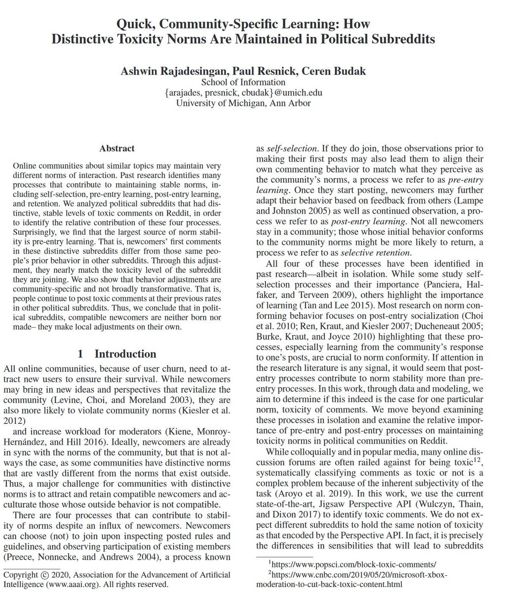 As Twitter is getting new leaders, reminder that moderation is vital: 1) A few trolls ruin everything: Just 0.1% of all Reddits make 38% of attacks on others 2) Short well-explained bans for 1st offenses, followed by perma-bans, work well 3) Toxic communities turn new users toxic
