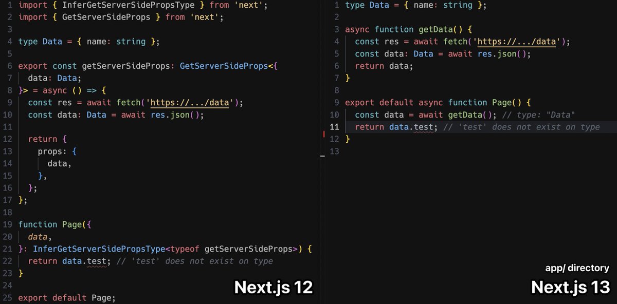 New in <a href="/nextjs/">Next.js</a> 13: The app directory has *drastically improved* TypeScript support 🚀

Use async/await to fetch data directly in Server Components.