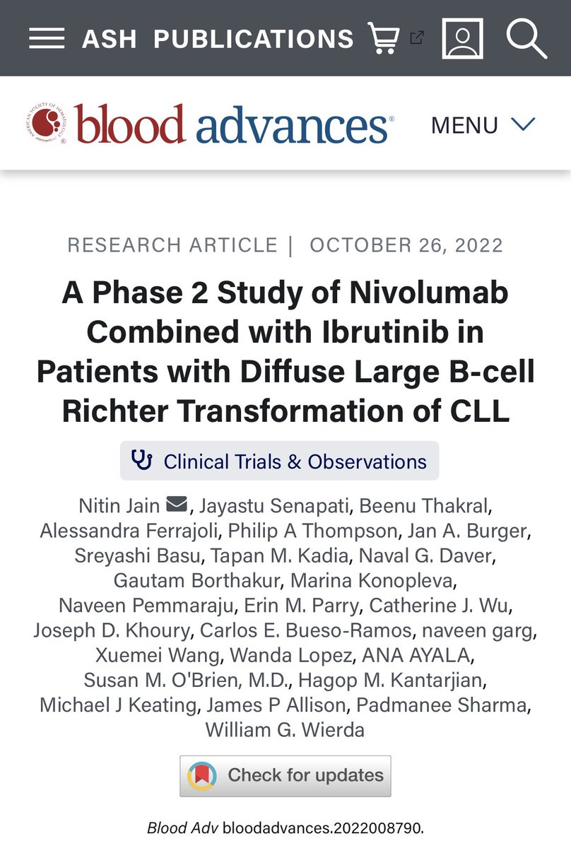 Nitin Jain (@nitinjainmd) on Twitter photo 👉👉👉 Excited to share results of nivolumab + ibrutinib in patients with Richter Transformation | Published today in <a href="/BloodAdvances/">Blood Advances</a>
-24 pts DLBCL RT
-Median prior Rx for CLL/RT = 3
-10/24 (42%) had a response (64% BTKi-naive; 23% BTKi-exposed)
-Median DOR 15 mos
#CLL #lymsm 👉👉👉 Excited to share results of nivolumab + ibrutinib in patients with Richter Transformation | Published today in <a href="/BloodAdvances/">Blood Advances</a>
-24 pts DLBCL RT
-Median prior Rx for CLL/RT = 3
-10/24 (42%) had a response (64% BTKi-naive; 23% BTKi-exposed)
-Median DOR 15 mos
#CLL #lymsm