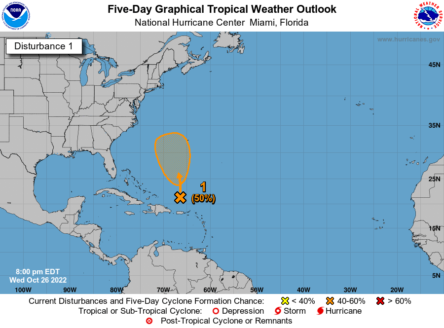 NHC_Atlantic's tweet photo. 8pm EDT 26 Oct -- NHC is continuing to monitor 2⃣ separate areas in the North Atlantic basin that both have a medium chance (50%🟠) of tropical or subtropical cyclone formation over the next 5 days.

Latest Outlook: https://t.co/g9YgY33fy2 https://t.co/CbRS8gW3oW