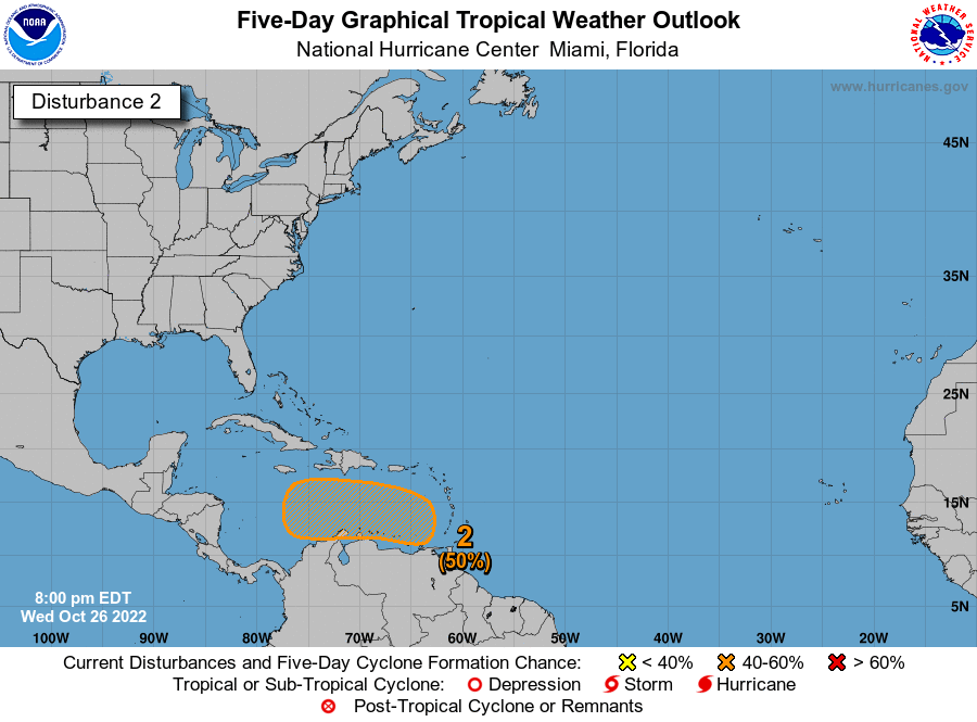 NHC_Atlantic's tweet photo. 8pm EDT 26 Oct -- NHC is continuing to monitor 2⃣ separate areas in the North Atlantic basin that both have a medium chance (50%🟠) of tropical or subtropical cyclone formation over the next 5 days.

Latest Outlook: https://t.co/g9YgY33fy2 https://t.co/CbRS8gW3oW