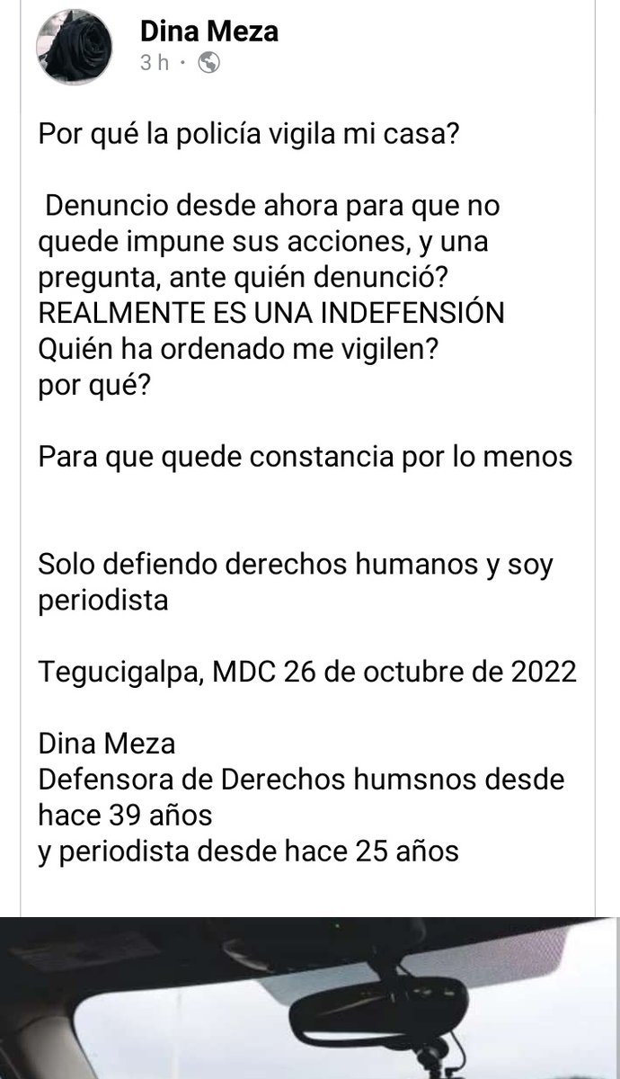 #Honduras Alerta. La periodista y defensora de DDHH Dina Meza denuncia vigilancia policial en su casa este miércoles 26 de octubre de 2022. PEN Internacional está alerta de está situación y de la seguridad de la presidenta del Centro PEN Honduras.