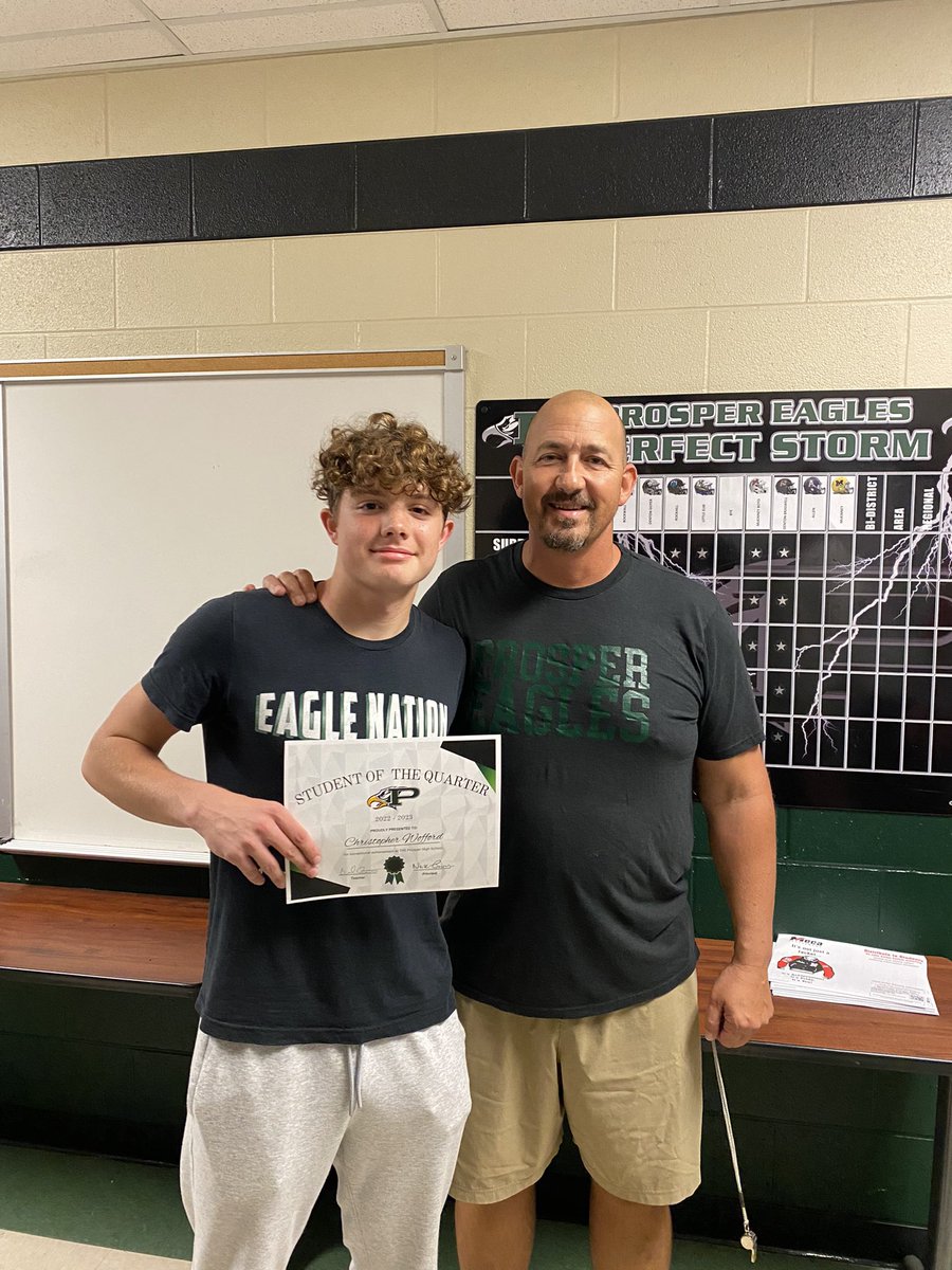 Big shoutout to Chris Wofford for being my student of the quarter. Chris is a special young man and is going to do big things. So proud of what you are doing and the direction you are headed. @ProsperETC @ProsperEaglesFB @ProsperHS @PISD_Athletics