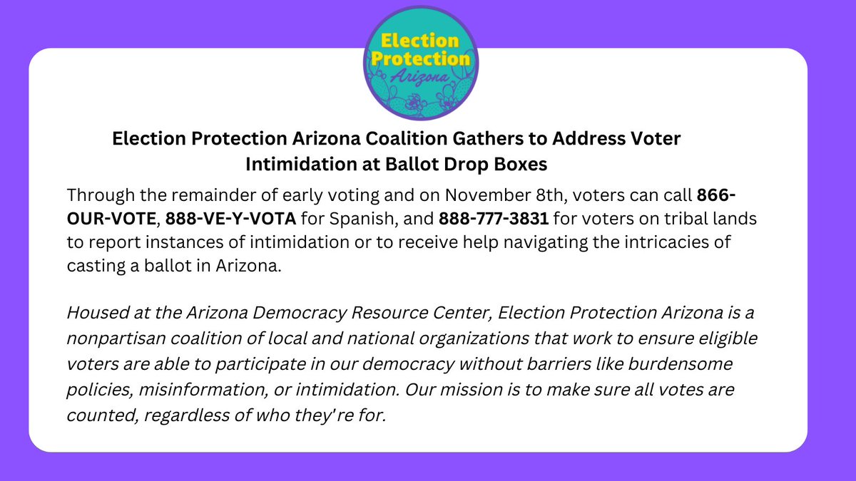 ArizonaResource's tweet image. Join the Election Protection Arizona coalition, @VotingIsLocalAZ, @Progress_AZ, @nativevote tomorrow morning at 9am for a press conference addressing the voter intimidation happening at ballot drop boxes.