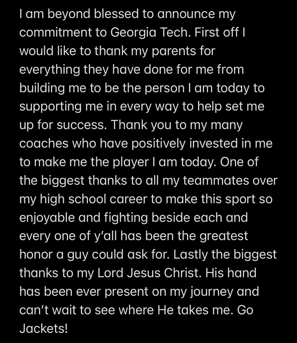 Beyond excited and blessed to announce my commitment to Georgia Tech! Go Jackets! <a href="/GTFootball/">Georgia Tech Football</a> @CoachBrentKey <a href="/GeorgiaTechFB/">Georgia Tech Football</a> <a href="/ChrisWeinke16/">Chris Weinke</a> <a href="/_PatMcDonald/">Patrick McDonald</a> @RivalsJohnson <a href="/NAHSJacketFB/">NA Football</a> <a href="/CoachQuinn19/">Matt Quinn</a> <a href="/DAWGHZERECRUITS/">Dawg House Recruiting</a> <a href="/PrepRedzoneSC/">Prep Redzone South Carolina</a> <a href="/rhood_10/">Ryan Hood</a>