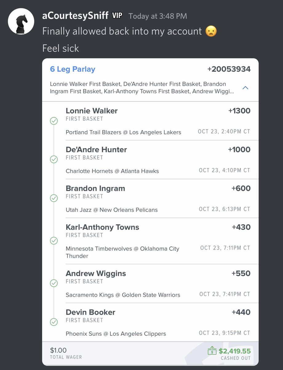 JDGoldboys's tweet photo. One of our members is sick over cashing out of this winning ticket a few days ago.  He would have won a little over 200k if he rode it out, instead he cashed out for 2419.55.  Shout out to @NBAFirstBasket for sharing that data in his channel that day.  @goldboys https://t.co/2n9DbadrGc