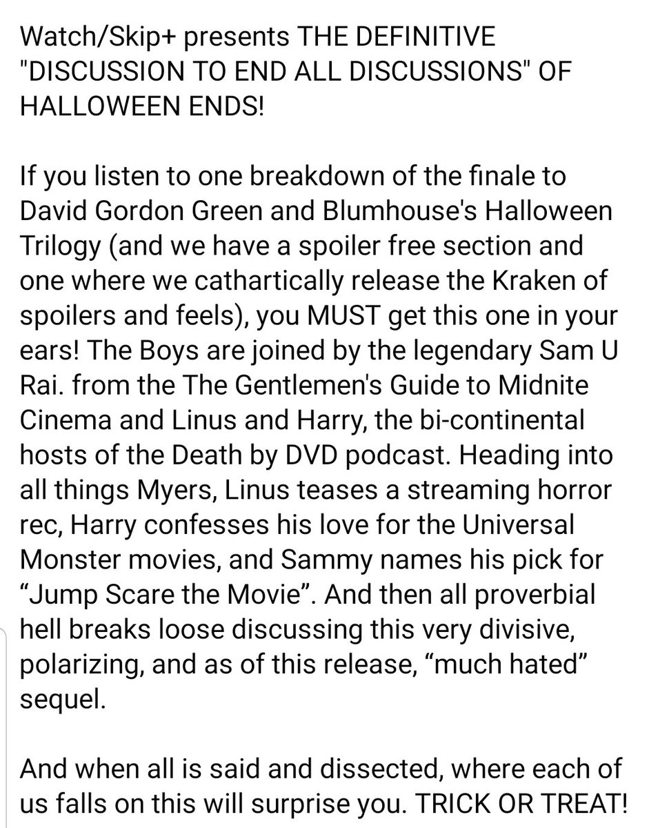 Deathbydvd's tweet photo. Have you heard this new episode of @watchskipplus featuring DEATH BY DVD?
Heres the link :
https://t.co/W2elp4xD7s
#HalloweenEnds #DeathByDVD #WatchSkipPlus #GGTMC #IndiePodcast #Podcast #Indie #Horror #MichaelMyers #DavidGordonGreen #HorrorCommunity https://t.co/g2anmjqnG1