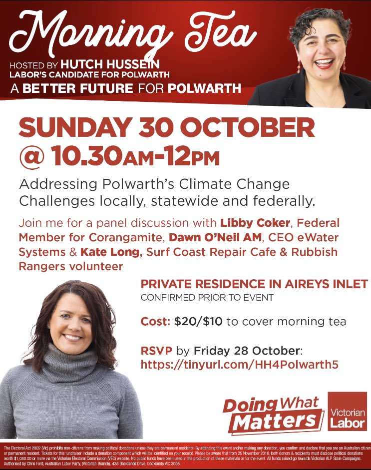 If you’re down the Great Ocean Rd over the long weekend come to my Aireys Inlet #Polwarth Environment Morning Tea with <a href="/LibbyCokerMP/">Libby Coker MP</a> "Addressing Polwarth's Climate Change Challenges locally, statewide&amp; federally" Panel. $20/10 Sun 30 Oct, 10.30am. RSVP 📲tinyurl.com/HH4Polwarth5