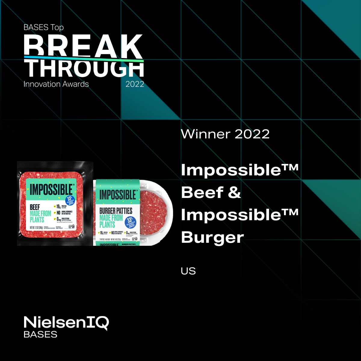 ImpossibleFoods's tweet photo. A breakthrough beef and burger product made from plants? Mission accomplished.
We’re thrilled to be a @NielsenIQ BASES Top Breakthrough Innovation Award winner. #BASES #BreakthroughInnovation https://t.co/Epixvw09IJ https://t.co/5eviIZ5ycz