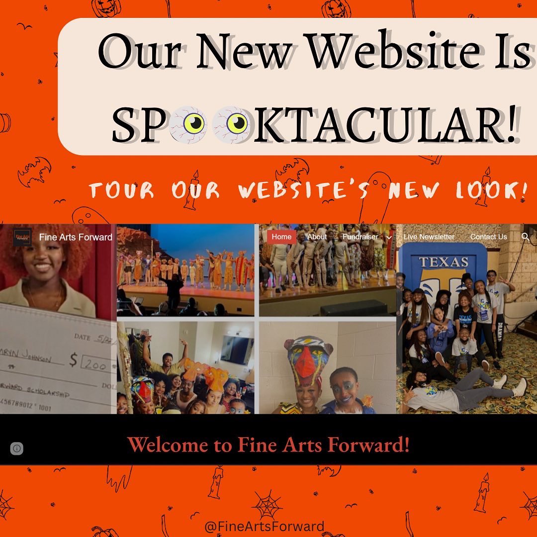 FineArtsForward's tweet photo. View a sneak peak of our new look! Want to see more? Check out our new website at https://t.co/S8JvJKN18T, along with numerous other resources. Link in Bio!
#FineArtsForward #FAF #PerformingArts #BlackOwnedNonProfit #Halloween #HappyHalloween https://t.co/F75bjYEwzC