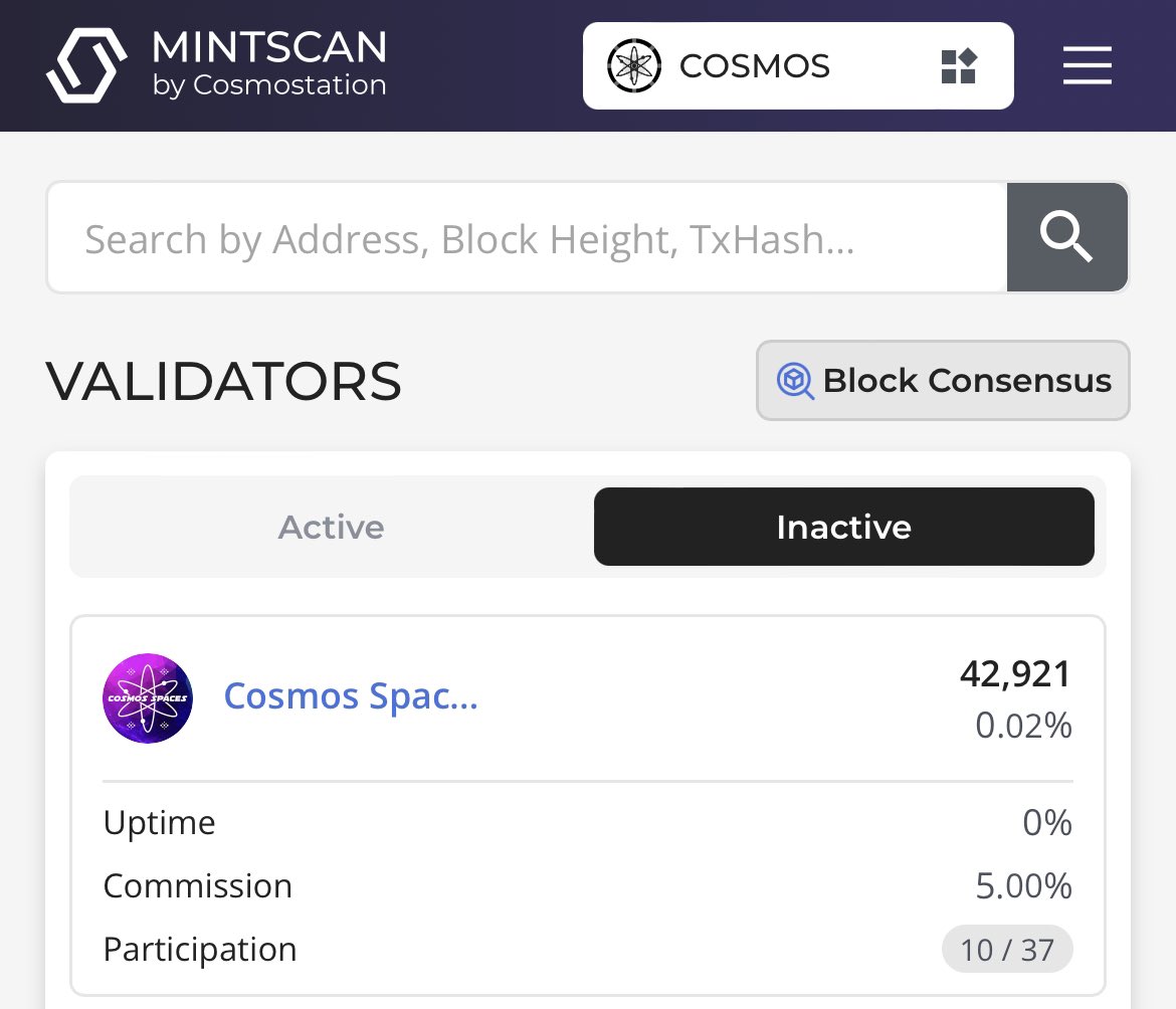 @Cosmos_Spaces fell out of the active set a few mins ago. We work our asses off to bring the entire @cosmos eco education, support and best of all LOVE. How is it possible that this happened to such a active group of people in the cosmos community? restake.app/cosmoshub/cosm…