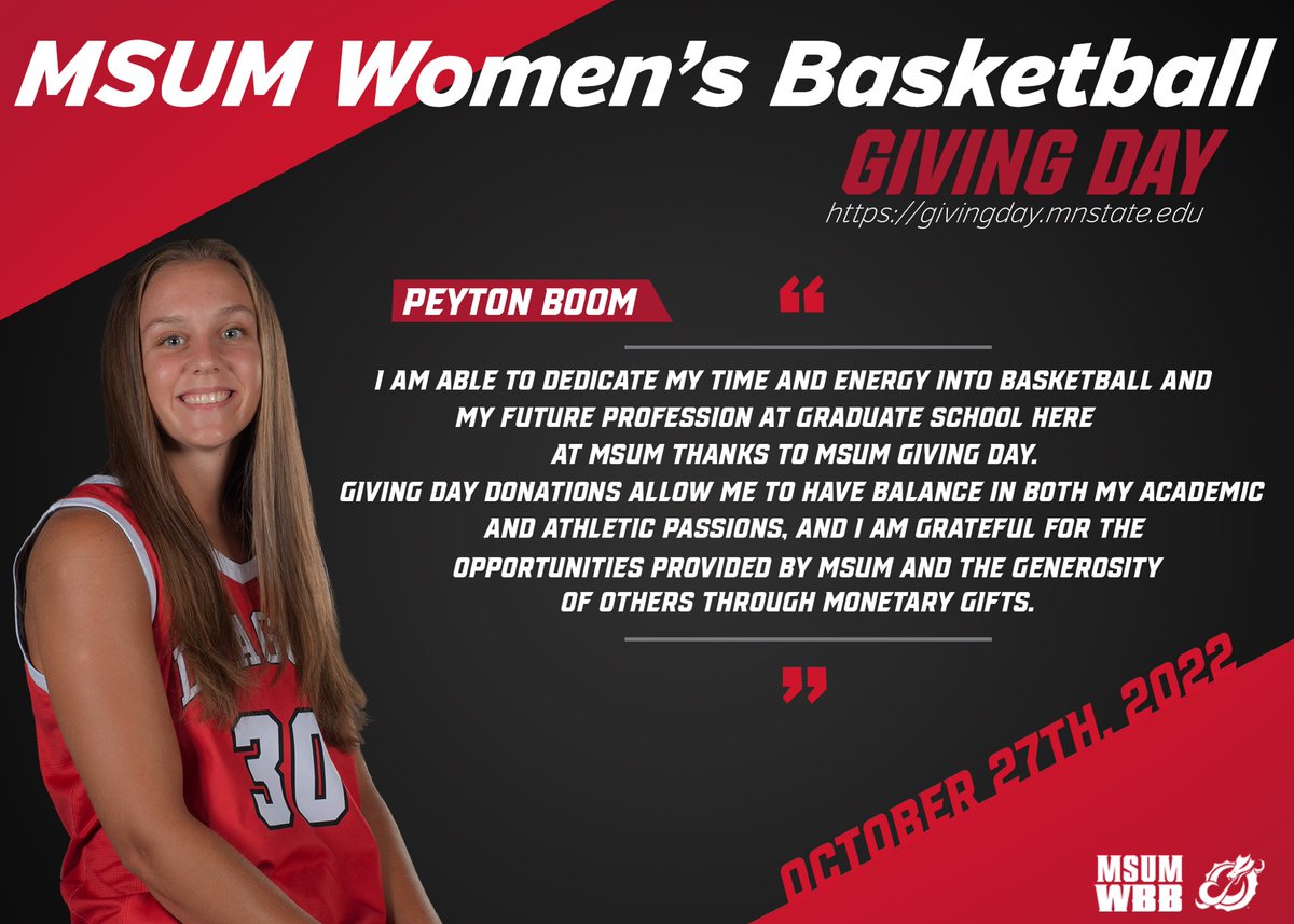 #MSUMGivingDay
🗓 Oct. 27
🔥 WBB’s goal: $10,000 raised in 24 hours
🐉❤️ BOOOOOOOM‼️ Your💰 is matched tomorrow (thank you <a href="/fargokellers/">FargoKellers</a>)! Plus <a href="/BoomPeyton/">Peyton Boom</a> has used your help to get an undergrad degree &amp; now her Master’s Degree❤️🐉
🔗 givingday.mnstate.edu/campaigns/msum…