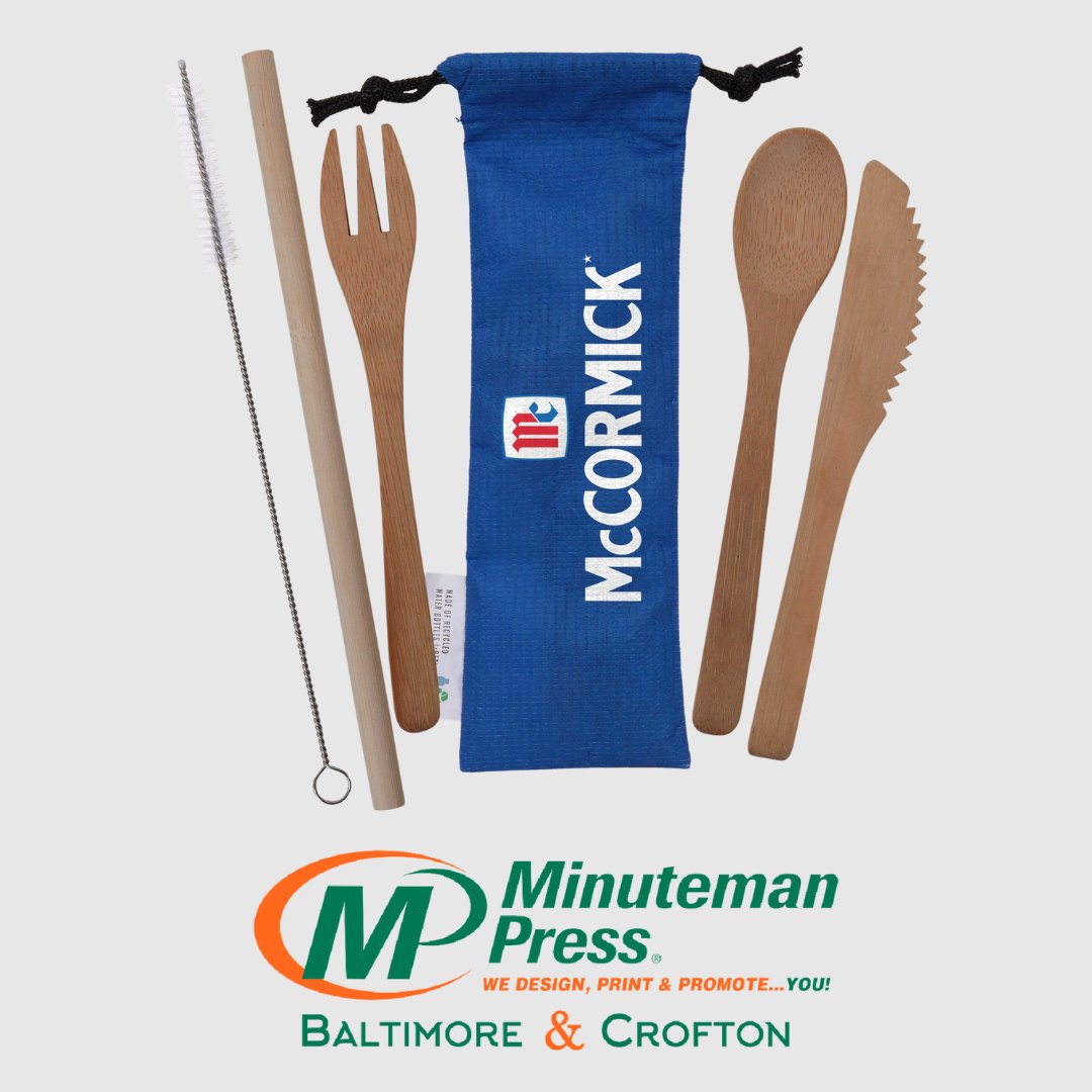 A bamboo utensil set with your branding on the eco-pouch makes for a great eco-conscious party favor. Get your brand out while helping people reduce their plastic usage.

#MinutemanPress #PromotionalProducts #PromoteYourBrand #BrandIdentity #CroftonMD #CantonMD #FederalHill