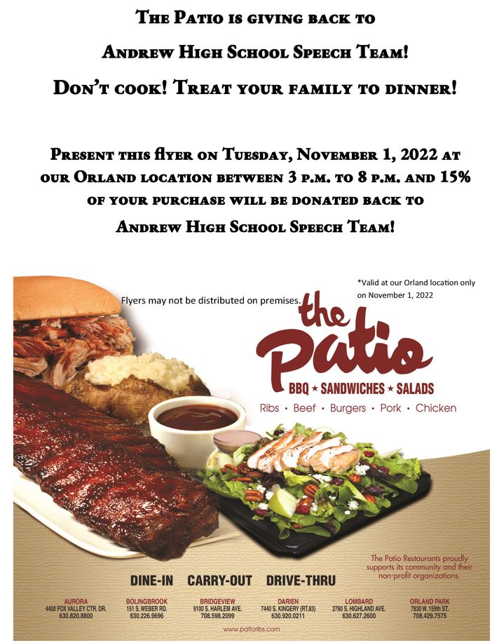 AndrewHS_d230's tweet photo. SAVE THE DATE: Support your @VJASpeechTeam by enjoying a great dinner!! On November 1st the Patio will give 15% back to the Speech Team. https://t.co/SHnY5GWjHo