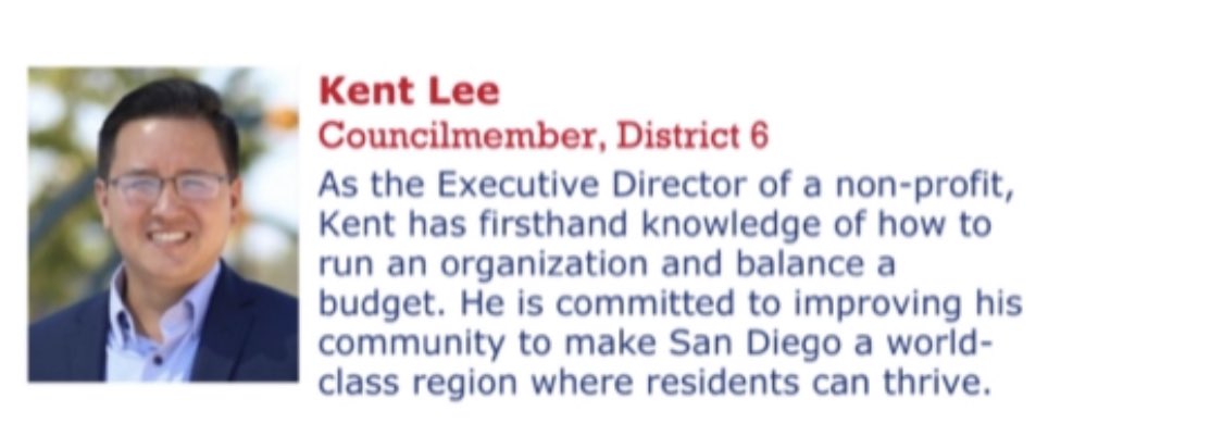 LoriSaldanaSD's tweet photo. #KentLee had stopped promoting his #SDChamber endorsement for #sandiego City Council 🤔

Why does the Chamber support #kentlee for #d6? 

(Hint: They also endorsed conservative Trump Republicans #brianpepin #jordanmarks &amp; #jimdesmond)

What else is Kent hiding from #D6 #voters? https://t.co/0yGYGkyc1P