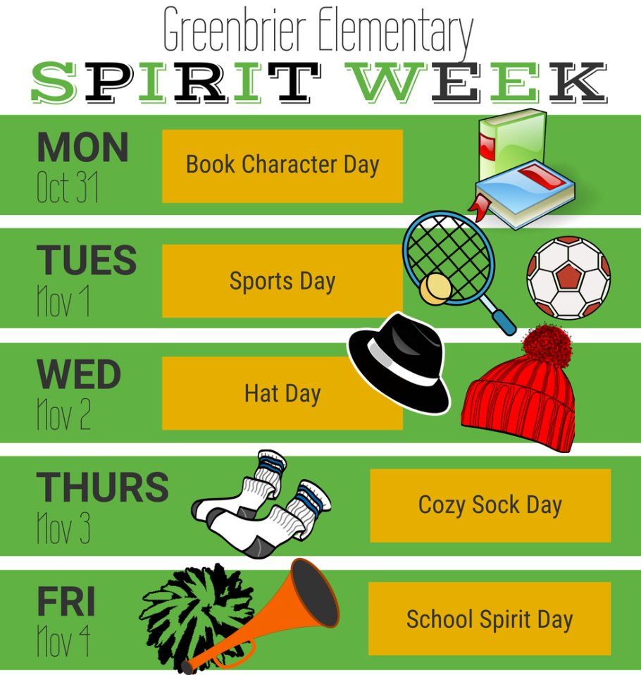 GreenbrierElem's tweet photo. Look at these fun daily themes next week! Can't wait to see everyone unleash their school spirit! #fallspiritweek https://t.co/uASEGHKWjB