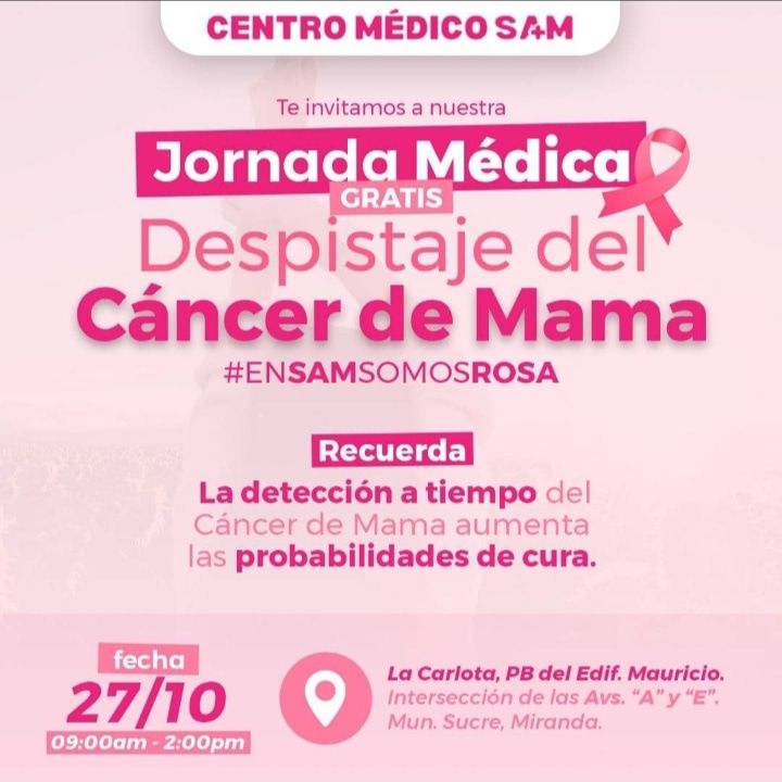 Buenas noches vecinos
             Información
El día de mañana jueves 27 de octubre se realizará una jornada médica (gratis) de:
 "Despistaje del Cáncer de Mamá".
Lugar: Av. "A" con final de la Av. "E", urbanización La Carlota, edificio Mauricio.
Hora: 9:00 am - 2:00 pm