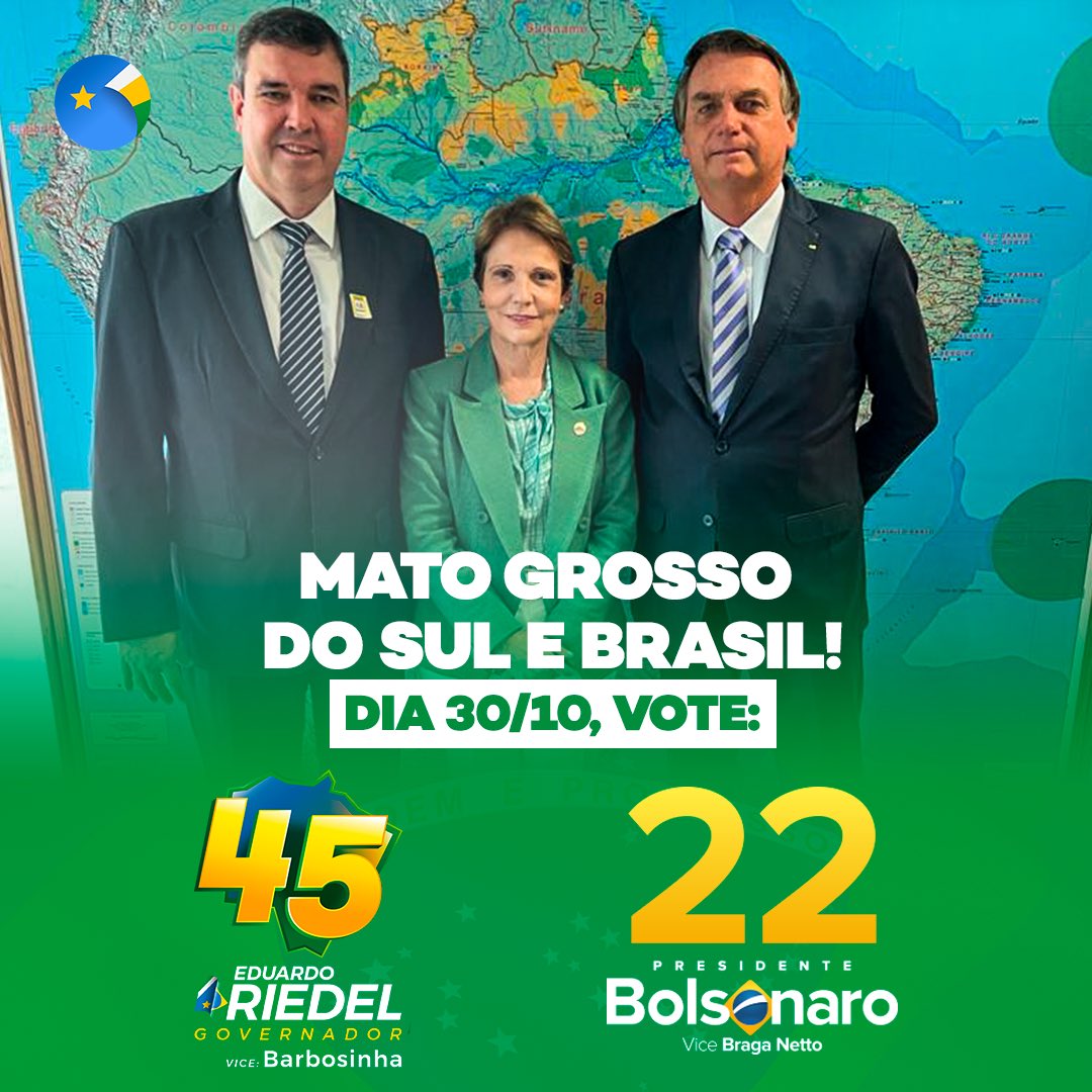 TerezaCrisMS's tweet photo. O melhor projeto para o #MatoGrossoDoSul e para o #Brasil! @jairbolsonaro e @EduardoRiedel_ Vote 2️⃣2️⃣✅ e 4️⃣5️⃣✅! #Bolsonaro #MeuMS #eleicoes2022 https://t.co/XBZChCv4s7