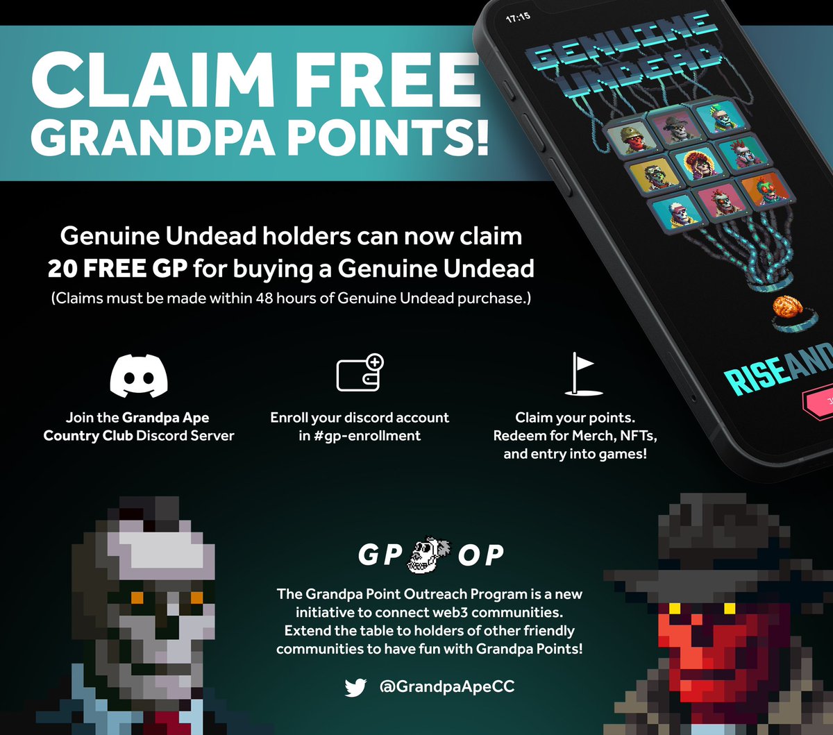 GrandpaApeCC's tweet photo. We are excited to add more frens to #GPOP! Grandpa Points Outreach Program! This is our initiative to help bring #NFTCommunities together! We welcome @genuineundead to join in on the Grandpa Fun! Details in the discord! Buy a #GenuineUndead and get Grandpa Points for it! #GACC https://t.co/yT9eUf8Eeo