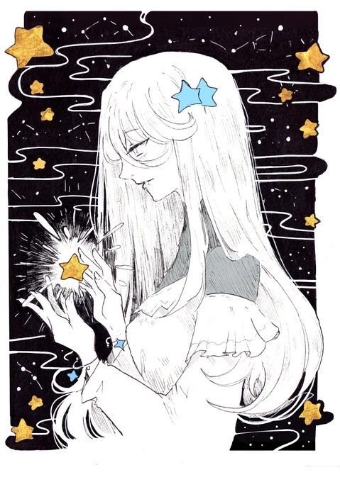 Witchtober / inktober 14-15 :   Iris New start / Collect stars#oc  #Inktober #drawtober #ink #gold #witchtober  #art 