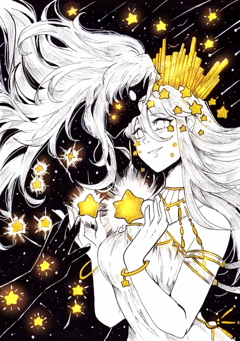 Witchtober / inktober  16: Starlight #oc  #Inktober #drawtober #ink #gold #witchtober  #art 