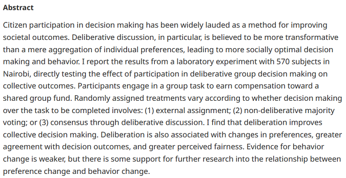 Free access from our latest issue until the 12th of November 2022 -

Participation Improves Collective Decisions (When It Involves Deliberation): Experimental Evidence From #Kenya - ow.ly/6xJi50KZvYS

- <a href="/TaraGrillos/">Tara Grillos</a>