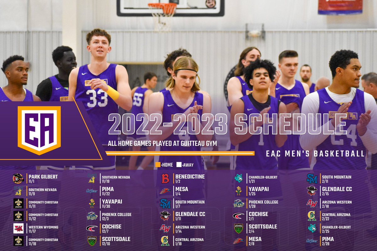 ea_mbb's tweet photo. 2022-2023 EAC Monsters Schedule!#ForTheCulture💛💜🤍 https://t.co/oGkZHnZ674