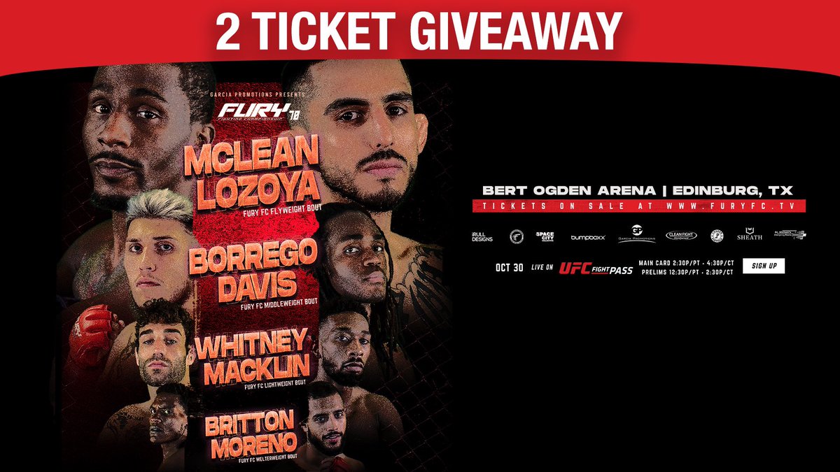 BertOgdenArena_'s tweet photo. GIVEAWAY! We are giving away 2 Tickets to the Fury Fighting Championship 70 event happening this Sunday, Oct. 30th at #BertOgdenArena! 🥊

To Enter: LIKE, RT and TAG ur friends!

Goodluck! Winner will be chosen Friday. 

🎟️ at https://t.co/dS9EoJG1Sn

#Giveaway #FuryFighting https://t.co/AUNn39TJe1