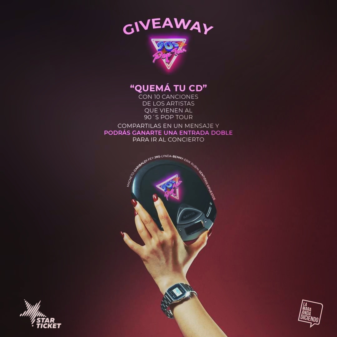 Si querés acompañarme al #90sPopTour hacé lo siguiente:

1. Comentá en este tweet, una lista de 10 de las mejores canciones de los artistas que vendrán
MAGNETO-GARIBALDI-FEY-JNS-LYNDA-BENNY-ERIK RUBIN-SENTIDOS OPUESTOS.

2. Etiquetá a la persona con la que queres ir
3. Dale RT