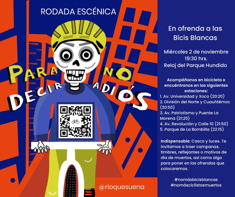 #RODADAESCÉNICA PARA HONRAR CICLISTAS CAÍDOS #NiUnaBiciBlancaMás🚲

Convoca Colectivo Río Que Suena #EventoFB facebook.com/events/s/rodad…

 INVITAN Ciclistas y colectivos independientes <a href="/BrigadaHormigas/">Hormigas Brigada Ciclista</a> #Ciclopinta <a href="/LaOtraMovilidad/">LaOtraMovilidad</a> <a href="/repartidorr/">#NiUnRepartidorMenos AC</a> <a href="/niunarepamenos/">#NiUnaRepartidoraMenos</a> 
Nos ayudan a difundir?