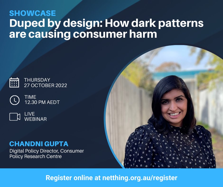 Our next speaker, @__chandnigupta, the Digital Policy Director at @CPRC_research, will be discussing how the CPRC has explored the common dark patterns prevalent online that are deteriorating the online consumer experience #netthing2022