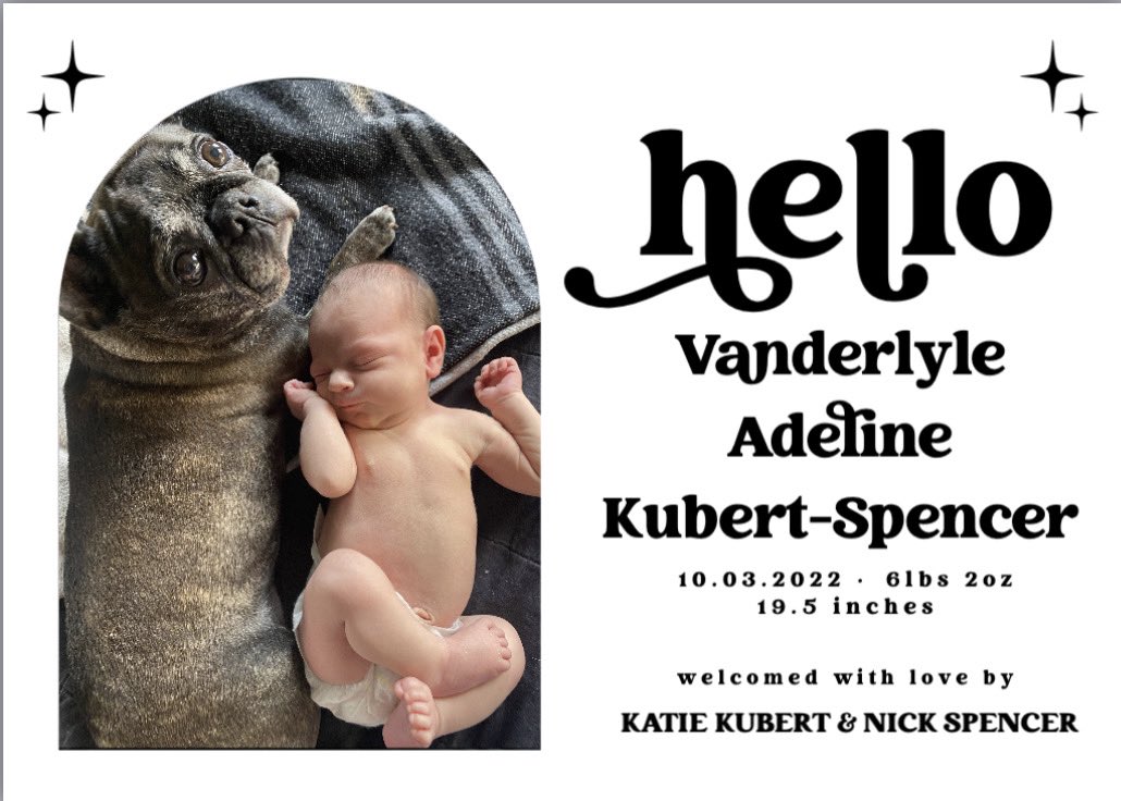 We are so, so happy to announce the birth of our beautiful daughter, Miss Vanderlyle Adeline! After a very rough pregnancy with more than several stays in the hospital, we’re home & Nick and I are doing great! Pls welcome this amazing girl to the world! (I hope she likes 🦖 !)