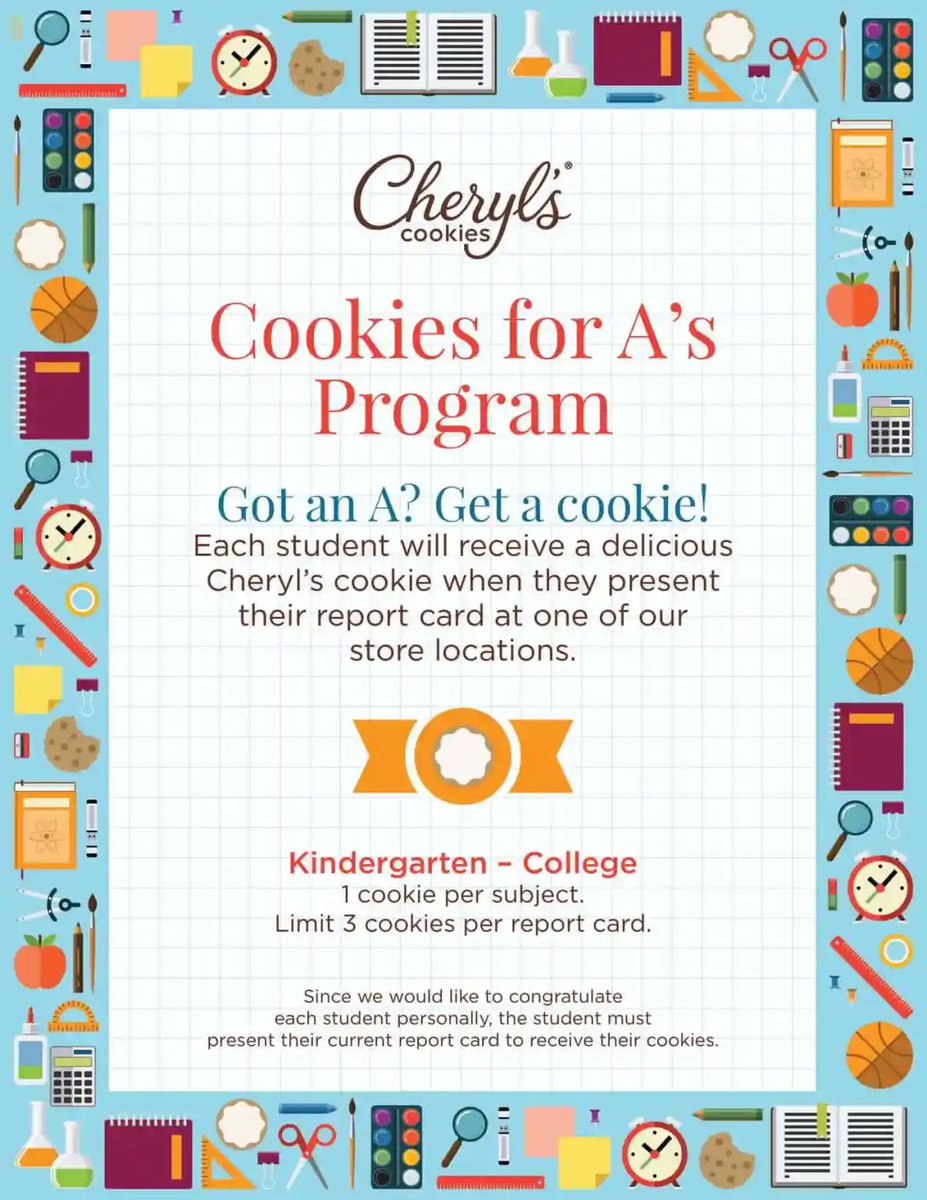 🍪🍪Students, you worked hard! You deserve a free cookie! Check out how to claim your free <a href="/CherylsDesserts/">Cheryl's Cookies</a> cookies for each A you earned! 🍪🍪