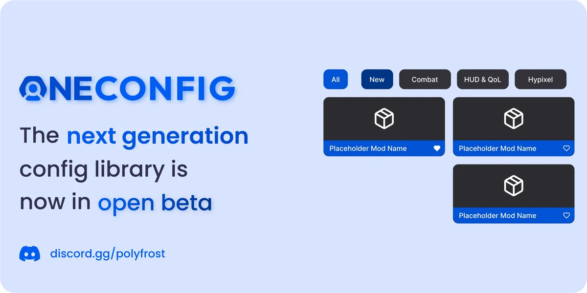 An image showing the OneConfig logo and a design mockup of the mod grid, with text saying "The next generation library is now in open beta, discord.gg/polyfrost"