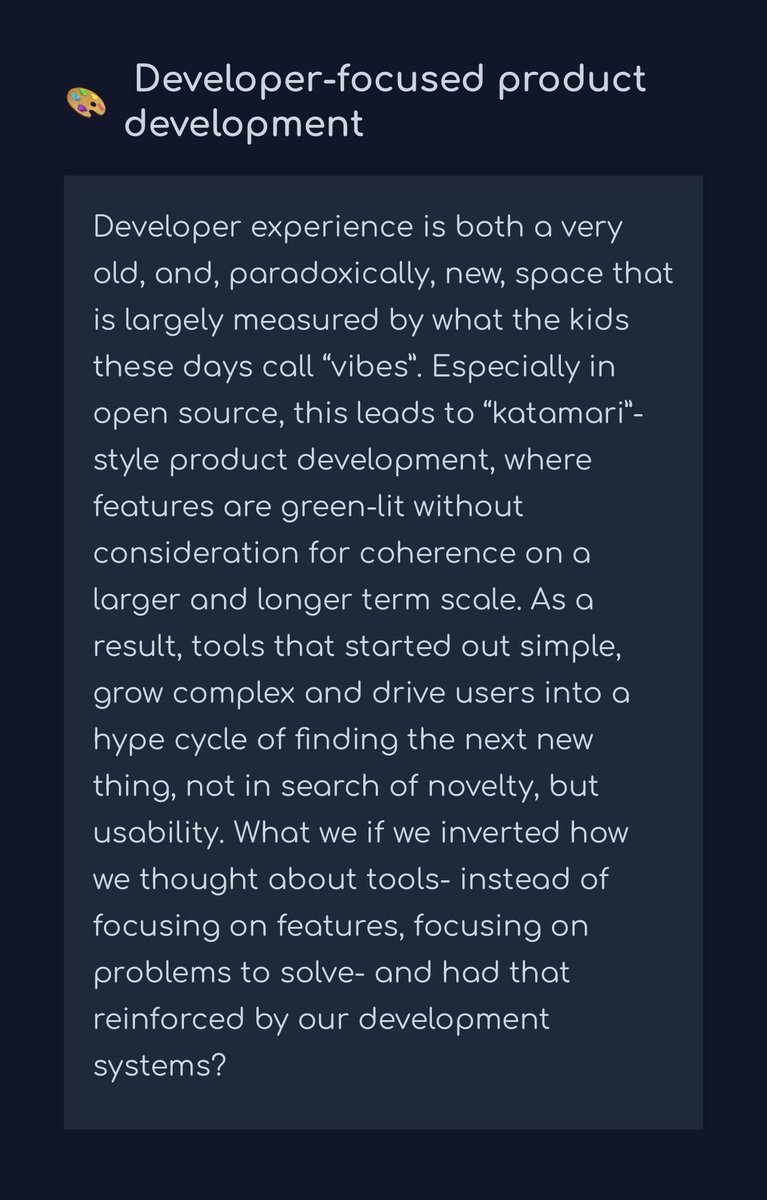 Very excited for <a href="/axodotdev/">$ axo | otl</a> with this incredible thinking and product offering. 

&gt; Developer experience […] is largely measured by what the kids these days call “vibes”.

So true!