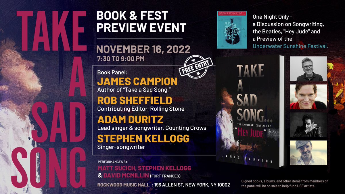 FearNoArt's tweet photo. @RockwoodNYC. November 16! My panel discussion with @CountingCrows, @robsheff, @Stephen_Kellogg, live music from @EsMatteo, @davidmcmillin. The “Take a Sad Song” book tour finale! Proceeds from signed books go to @UnderwaterSuns artists! Limited seating. Reserve now! Be there! https://t.co/JNmpqXBY06