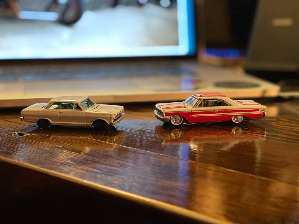 royboyprods's tweet photo. We can’t thank @straykatmick enough for these matchbox sized versions of our Nova And Galaxie for our wedding cake topper! These are AWESOME! #galaxie500 #nova #hardtop #3daysandcounting #herewego https://t.co/KbCD5z0RZP https://t.co/j8T9CiCfmQ