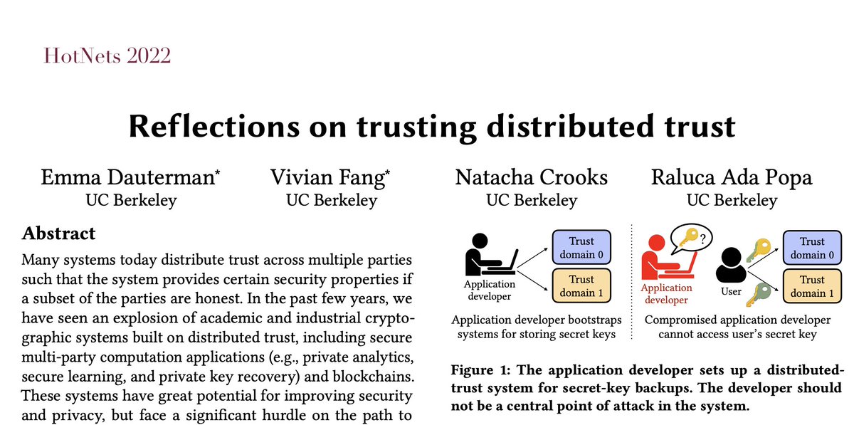 Hundreds of papers on MPC (secure multi-party computation) simply assume the presence of N servers in N different trust domains. BUT: how can one company using MPC set this up without their very own entity becoming a CENTRAL point of attack? arxiv.org/abs/2210.08127